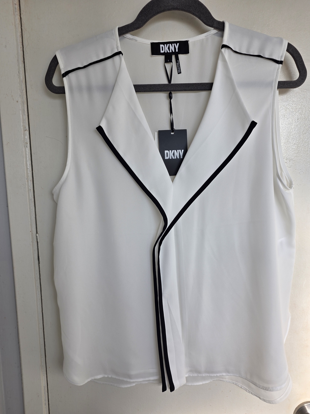 DKNY White Sleeveless V-Neck Top with Black Trim
